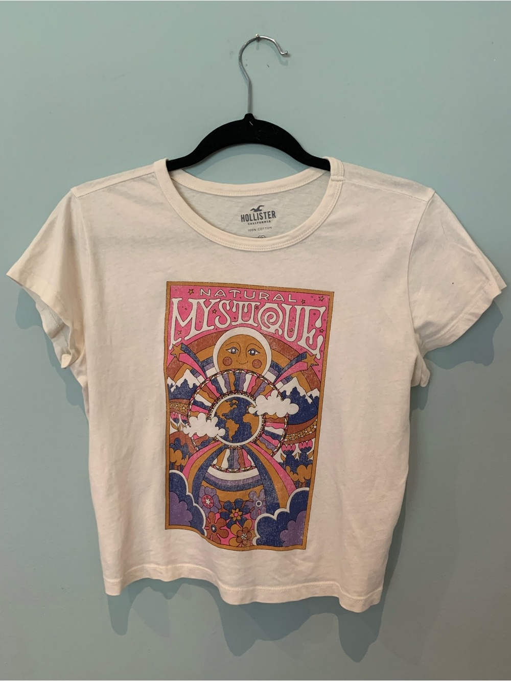 Hollister White Graphic Tee with Pink, Purple & Yellow Print